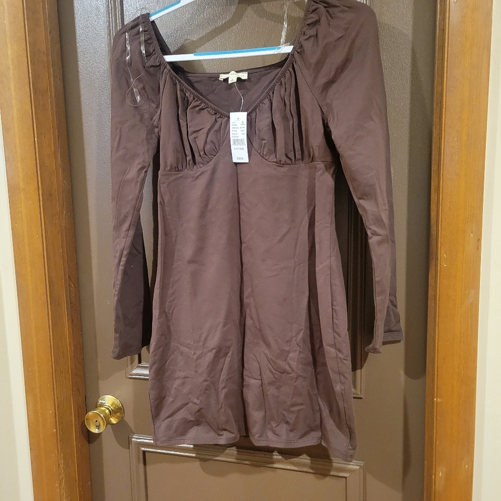 PacSun Brown Babydoll Mini Dress with Bishop Sleeves